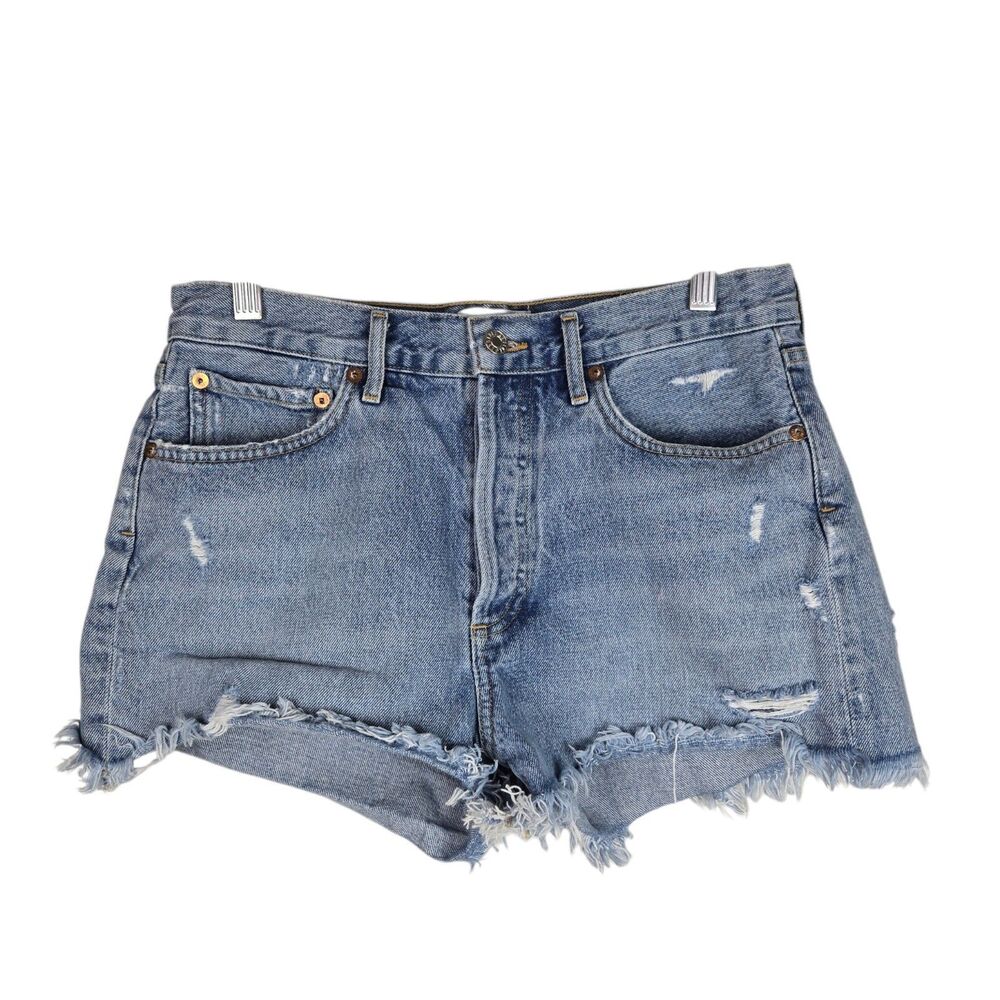 AGOLDE Parker Cut Off Shorts Sz 27 Distressed Denim High Rise Blue Button Fly